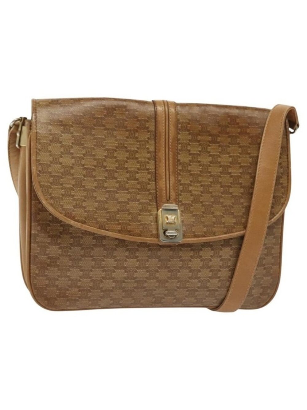 Authentic CELINE Macadam Canvas Shoulder Bag PVC Beige Gold